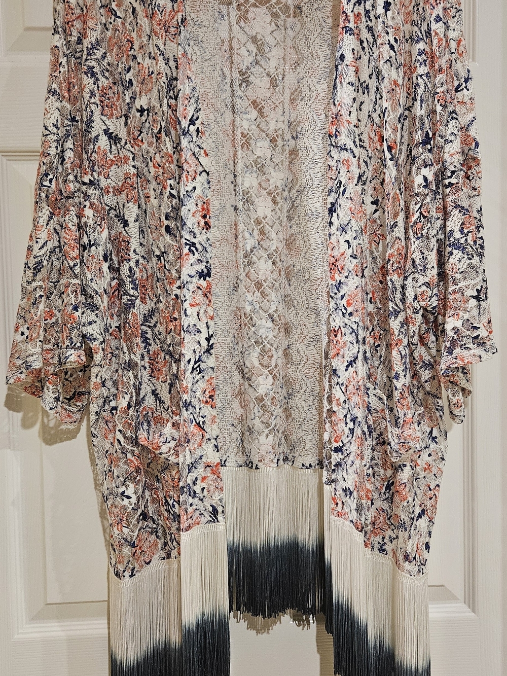 Democracy Floral Lace Kimono Wrap with Fringe — Cream, Navy, Coral 1X